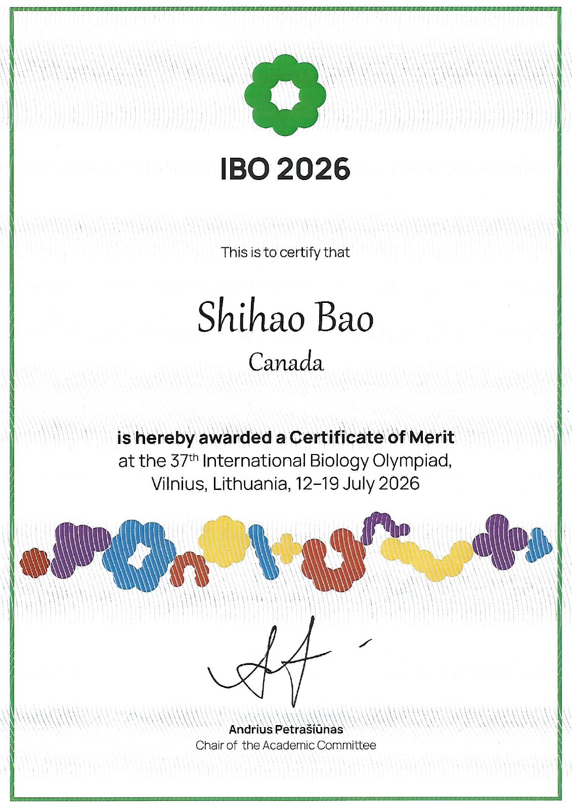 July 12–19, 2026 · International Biology Olympiad - Certificate of Merit