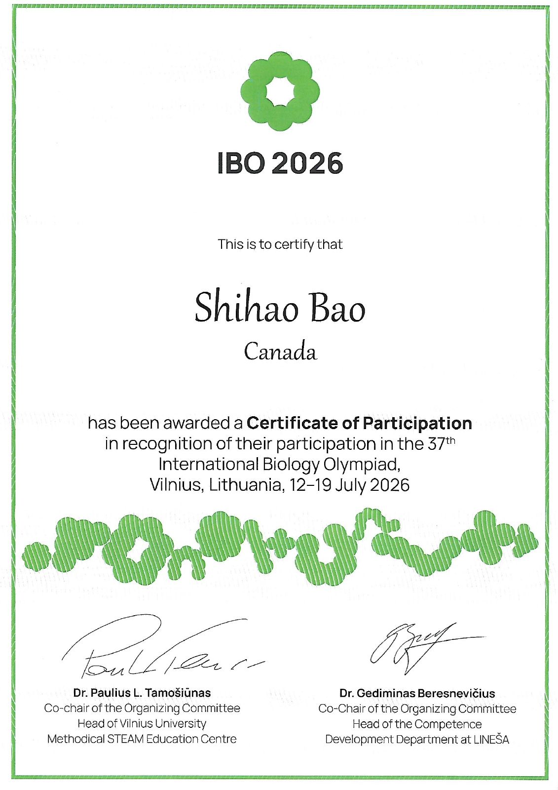 July 12–19, 2026 · International Biology Olympiad - Participation Certificate