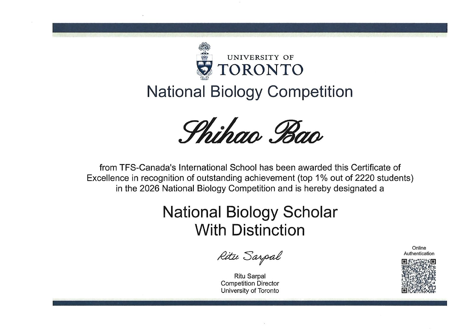 2026 · National Biology Scholar with Distinction