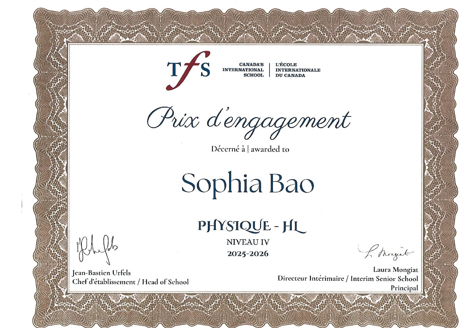 2025–2026 · TFS Physics HL Engagement Award