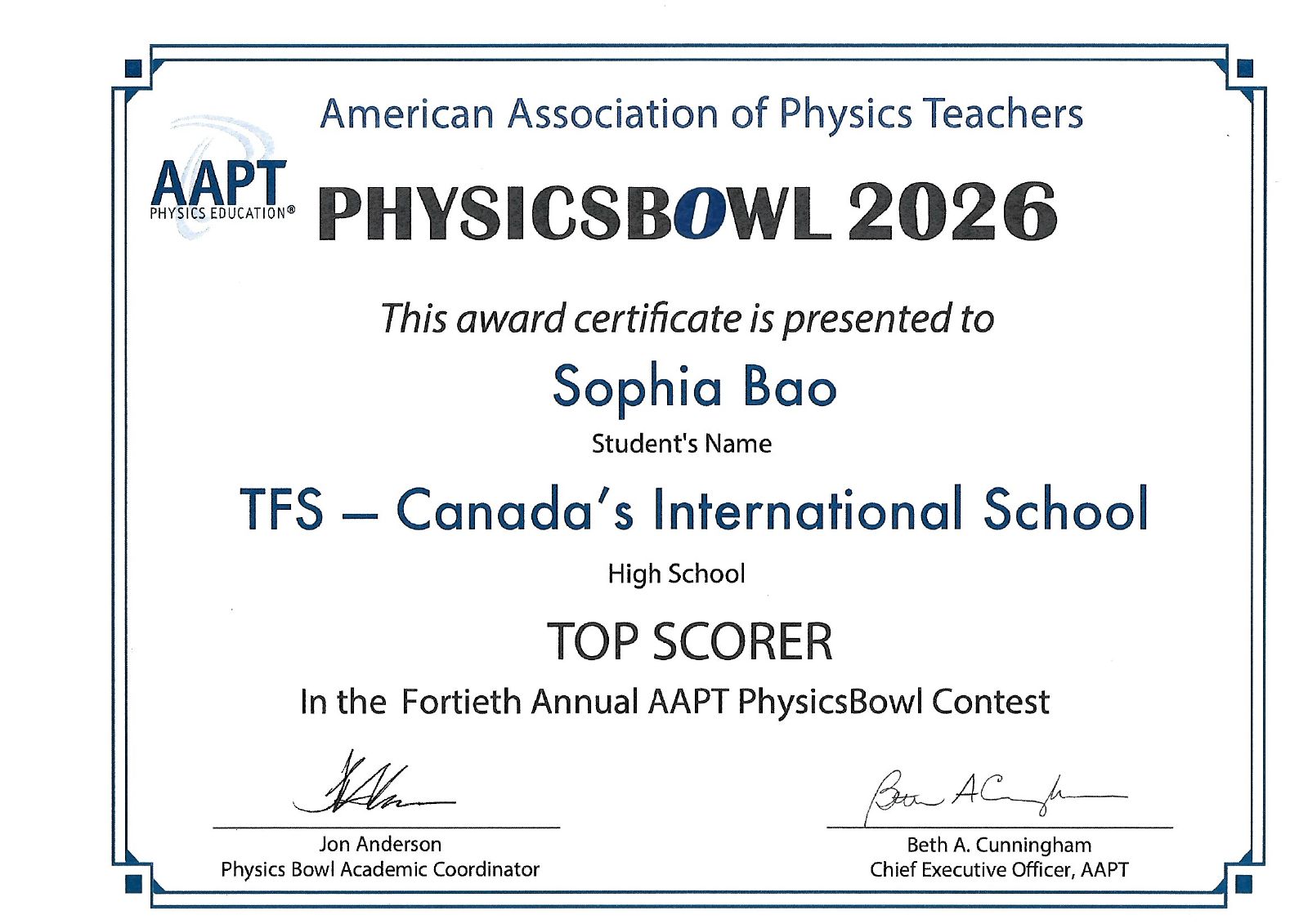 2026 · PhysicsBowl Top Scorer