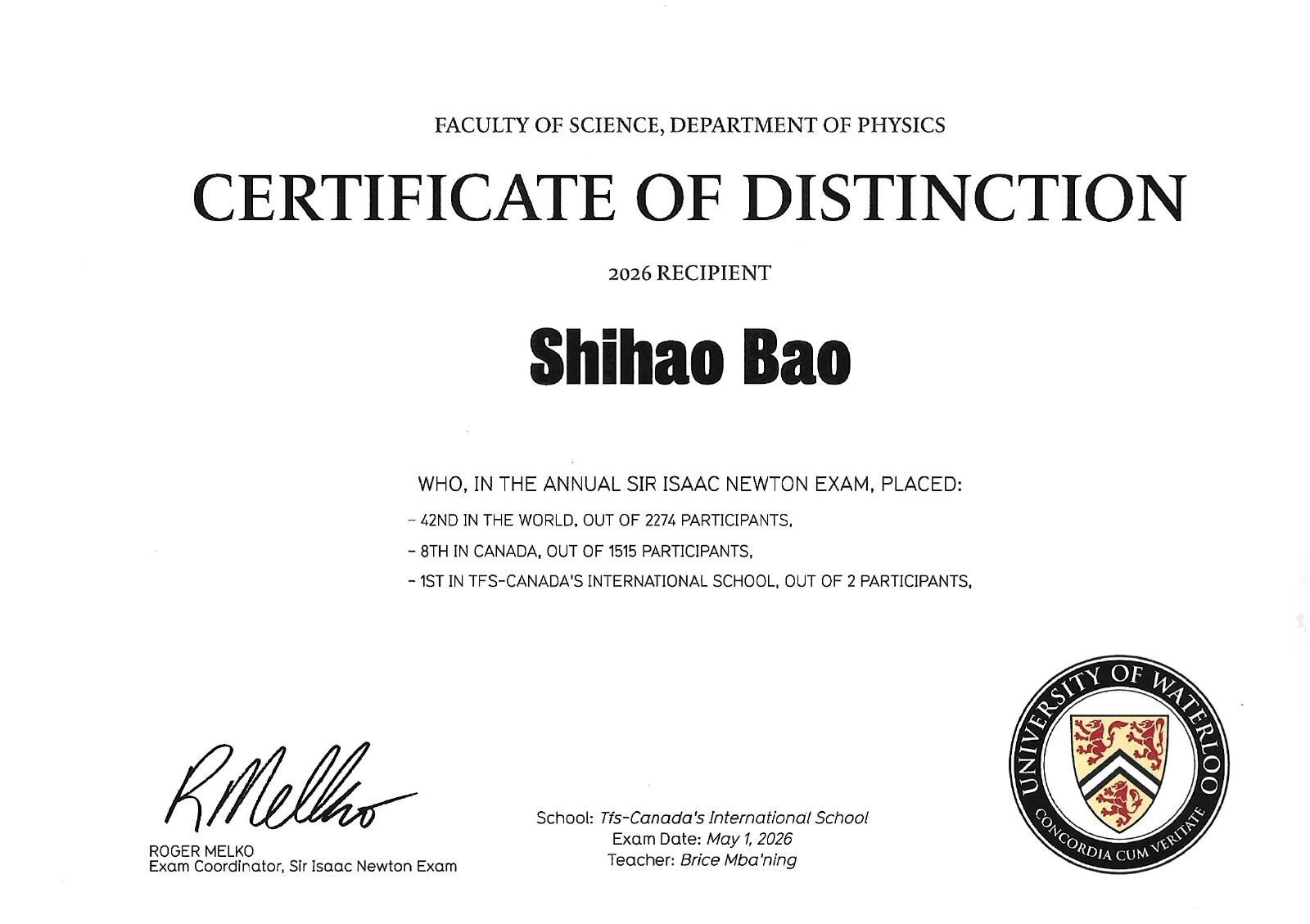 2026/05/01 · Sir Isaac Newton Contest - Certificate of Distinction