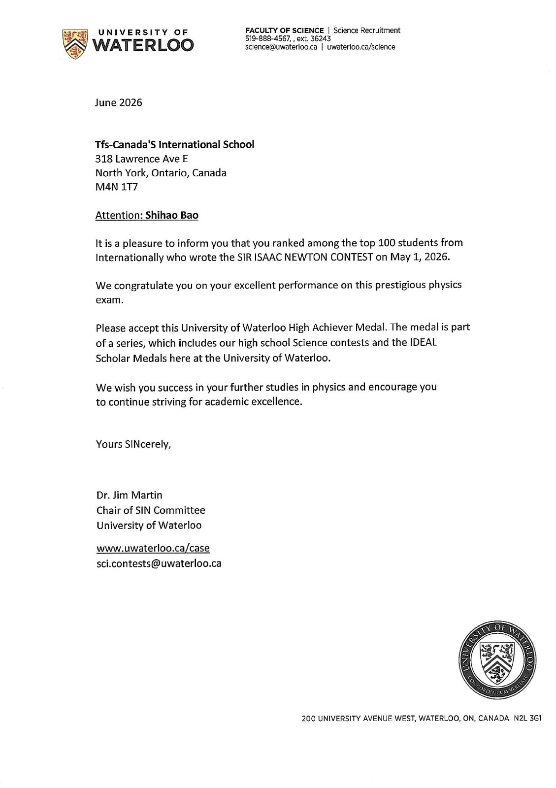 2026/06 · Sir Isaac Newton Contest - High Achiever Medal Letter