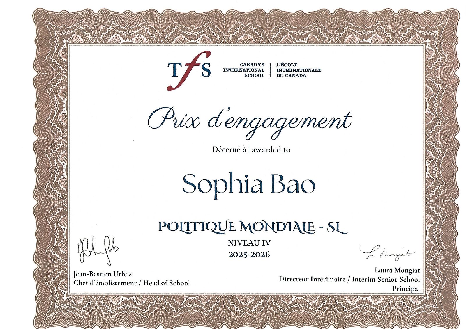 2025–2026 · TFS World Politics SL Engagement Award