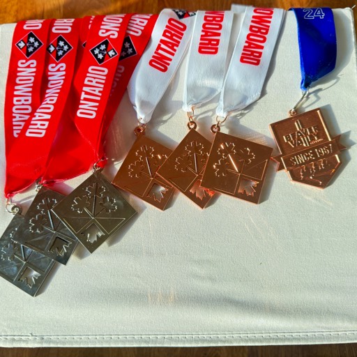 A collection of snowboard competition medals