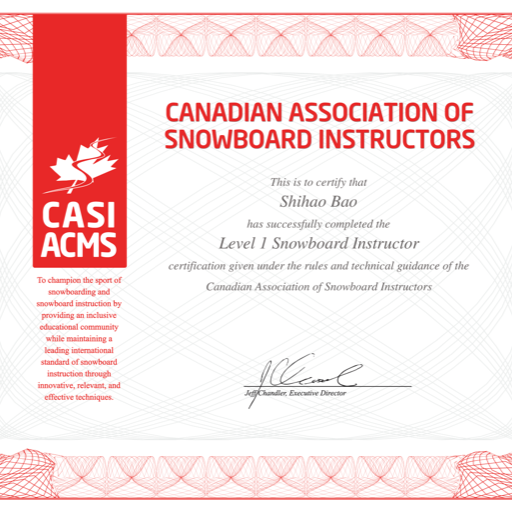 CASI Level 1 Snowboard Instructor certificate