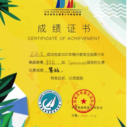 2021/05 National Youth Sailing Tournament, Topper 4.2 — Fifth place @ Qinhuangdao China