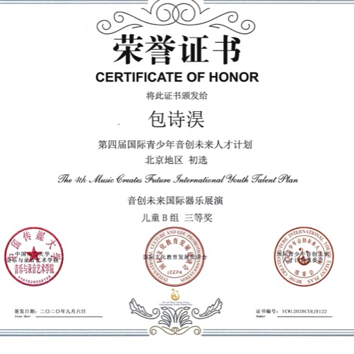 2019 Music Creates Future: International Youth Talent Plan – Third Prize in Beijing region